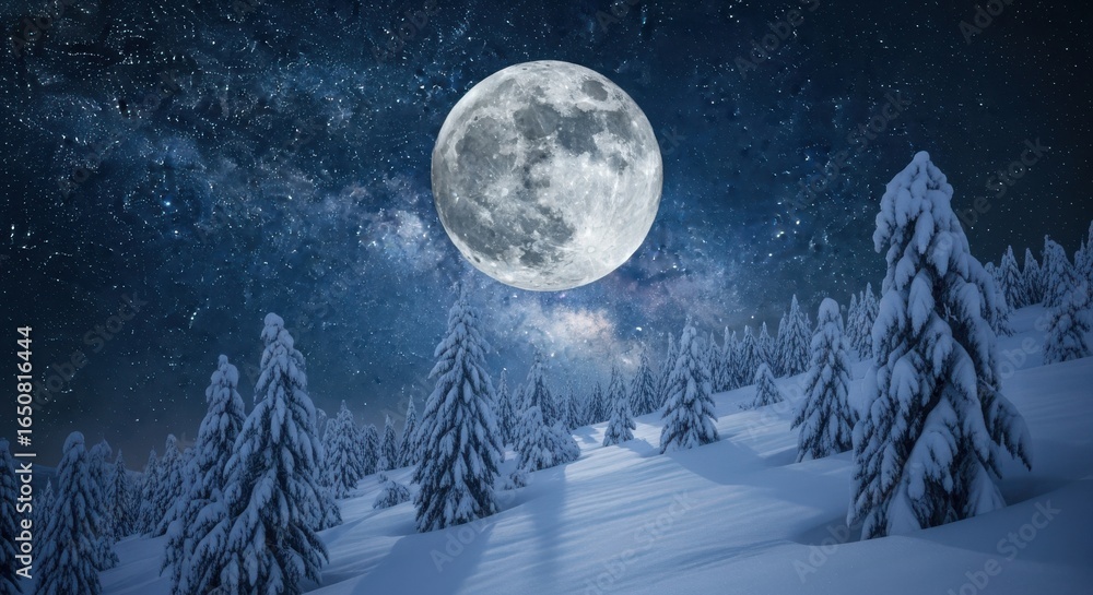 Fototapeta premium Majestic Full Moon Illuminating Snowy Forest Under Starry Night Sky