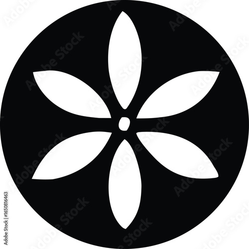 A striking black and white circular graphic featuring a stylized white flower with six petals radiating from a central point