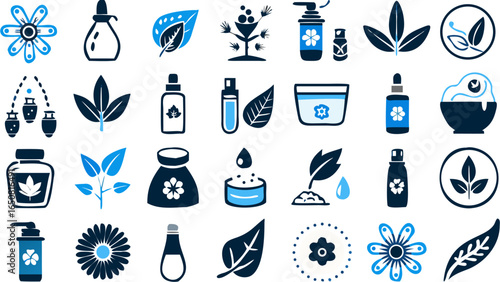Collection of various organic and natural beauty product icons in blue and dark blue colors theme design silhouette
