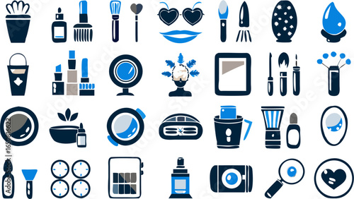 Illustration showing various beauty and cosmetic products including brushes, makeup and skincare items neatly arranged silhouette