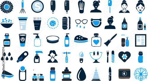 Collection of beauty and personal care items including cosmetics and toiletries in blue and white silhouette