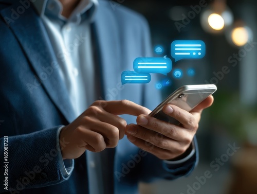 Businessman using AI chatbot conversation assistant in app on device for virtual assistance and customer support digital communication, Contact us Online service with AI Chatbot for efficient support