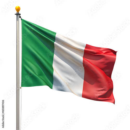 The national flag of italy, a tricolor of green, white, and red vertical stripes, waving proudly on a flagpole, isolated on transparent background