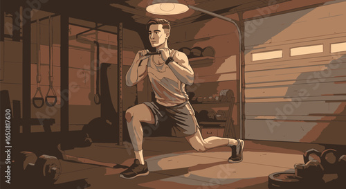 Stylized illustration of a determined man performing a lunge exercise in a home garage gym, focusing on strength training and personal fitness