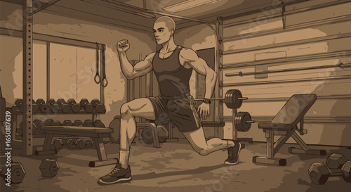 Man performing a lunge exercise in a home gym with weights and equipment