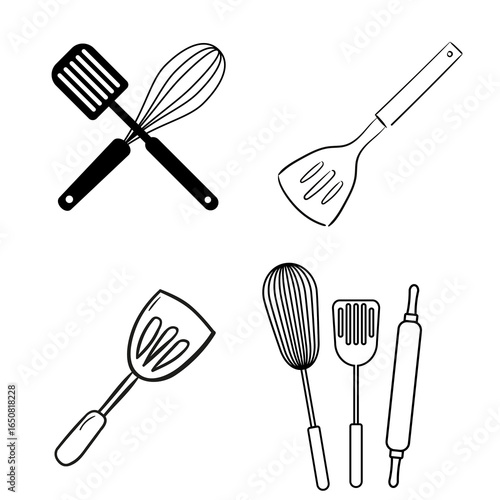 Collection of kitchen utensils vector illustrations featuring cooking tools, cutlery, and cookware, perfect for culinary and household projects.