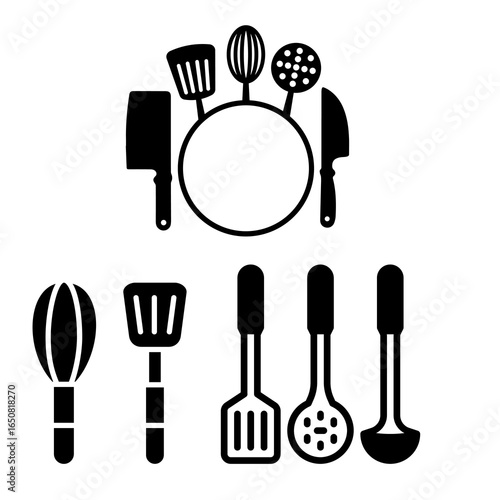 Collection of kitchen utensils vector illustrations featuring cooking tools, cutlery, and cookware, perfect for culinary and household projects.