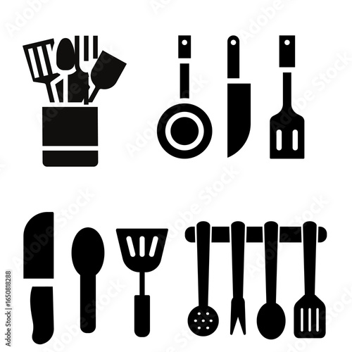 Collection of kitchen utensils vector illustrations featuring cooking tools, cutlery, and cookware, perfect for culinary and household projects.