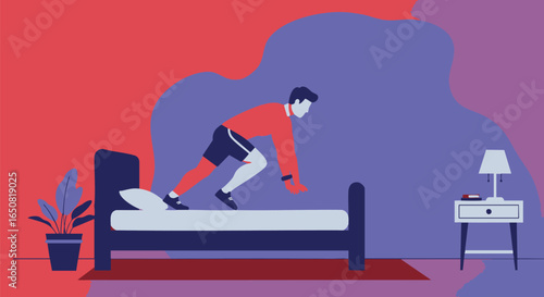 Man performing dynamic stretching exercise on a bed to start the day with energy and fitness