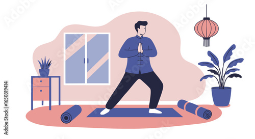 Man practicing Tai Chi or Qigong at home for mindfulness and wellness vector illustration