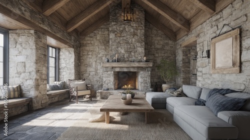 Inviting stone cottage interior with fireplace, cozy furnishings and natural light