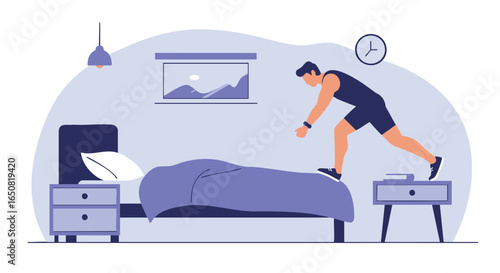 Man starting his day with an energetic morning exercise routine in his bedroom for a healthy and active lifestyle concept