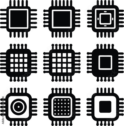 Collection of nine distinct black and white vector illustrations of integrated circuit chips with multiple pins on a white background