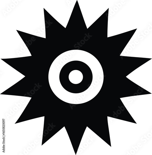 A stylized black sun symbol with sharp points radiating outward surrounding a white concentric circle and dot