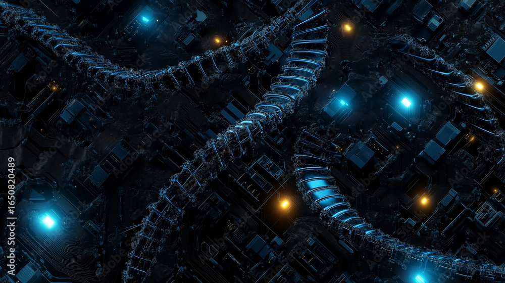 Obraz premium Seamless futuristic texture of glowing double helix DNA structures intertwined with circuit boards, concept of artificial intelligence, digital genetics, and cyber evolution.