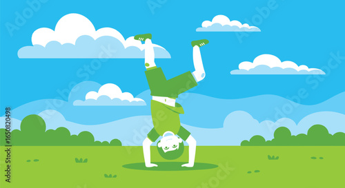 Joyful young boy doing a handstand on green grass in a park on a sunny day. Vector illustration of active childhood