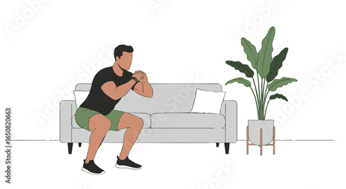 Man Performing Squat Exercise at Home with Sofa and Plant - Fitness Illustration