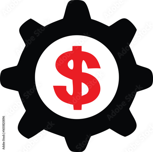 Black cogwheel with a red dollar sign inside a white circle symbolizing financial mechanics and business operations