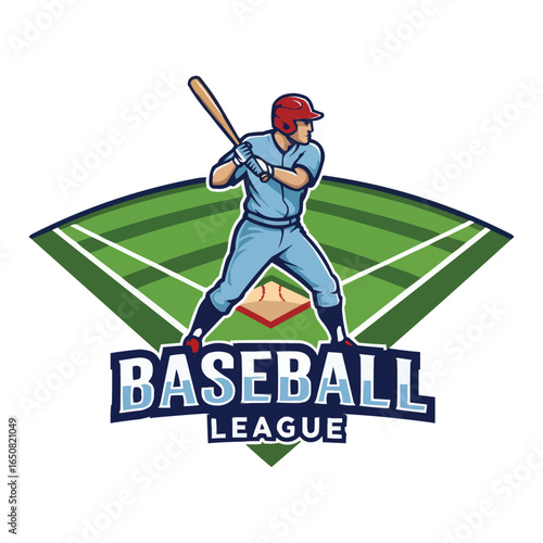 Baseball League Logo with Player and Field