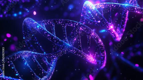 Seamless digital DNA double helix texture with glowing neon strands, futuristic biotech visualization in purple and blue.