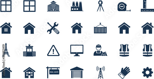 Construction and real estate icons set, building tools, houses, industrial buildings, safety gear, surveying equipment, property management, architecture symbols, real estate signs