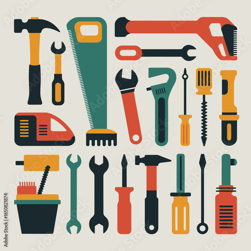  Hand Tools and Workshop Equipment Icons – Flat 2D Vector Illustration Set