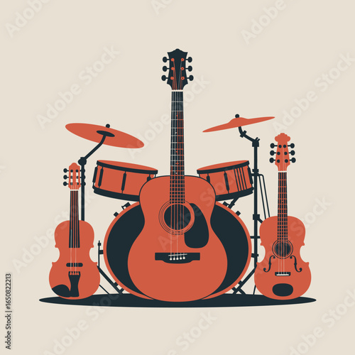 Musical Instruments: A vibrant collection of guitars and a drum kit stand side-by-side in a musical symphony, exuding an inviting energy.