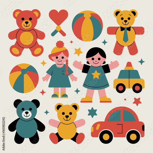 Playful Toys: A collection of colorful, classic toys come alive in a vibrant display. Each toy, from the cuddly teddy bear to the bouncing ball.