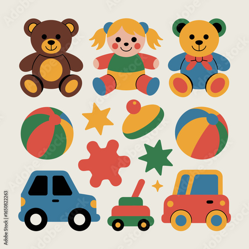 Playful Toys: A collection of colorful, classic toys come alive in a vibrant display. Each toy, from the cuddly teddy bear to the bouncing ball.