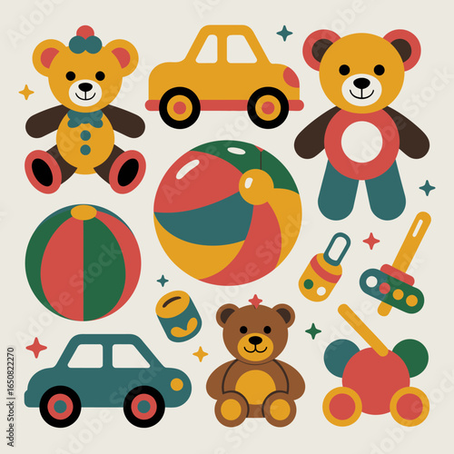 Playful Toys: A collection of colorful, classic toys come alive in a vibrant display. Each toy, from the cuddly teddy bear to the bouncing ball.