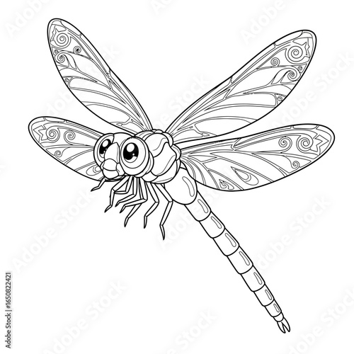 Amazon Dragonfly Species Anime Style Coloring Page for Kids Black and White Insect Illustration