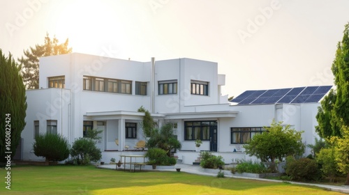 Modern two-story house with white exterior, large windows, flat roof featuring solar panels,