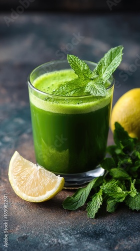 Mint and lemon juice on rustic wood