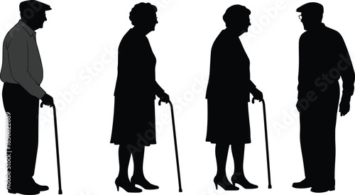 Elderly silhouettes, walking with canes, senior citizens, aging, mobility aids, healthcare, support, black and white, lifestyle, seniors, people, standing, old age
