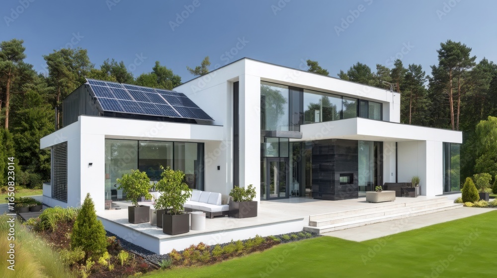 Fototapeta premium Modern two-story house with minimalist design, large glass windows, white exterior walls, dark tiles, solar panels,