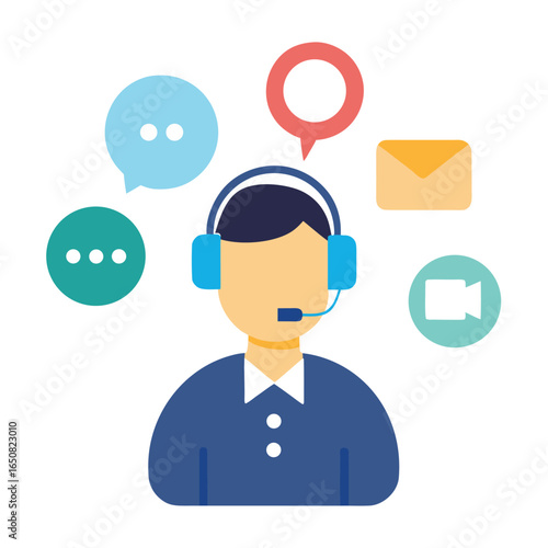 Flat Design Male Customer Support Agent with Headset and Multi-Channel Icons. 24/7 Helpdesk, Messaging and Video Support 