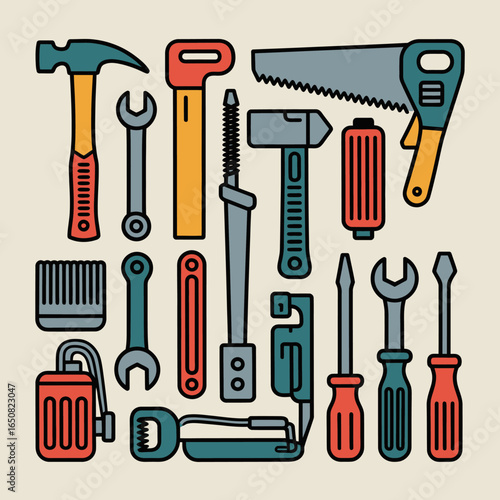 DIY Tools: Collection of essential tools of a carpenter or craftsman displayed in an artful and visually appealing manner that sparks creativity and craftsmanship.