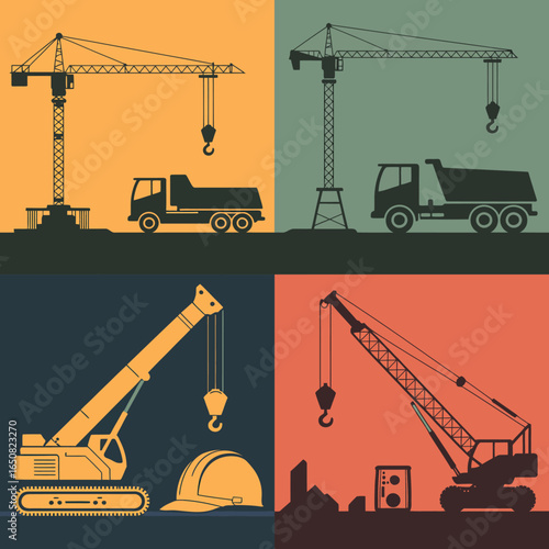 Construction Silhouette: A graphic arrangement of construction vehicles and a hard hat in a collage, demonstrating the work involved in construction and projects.