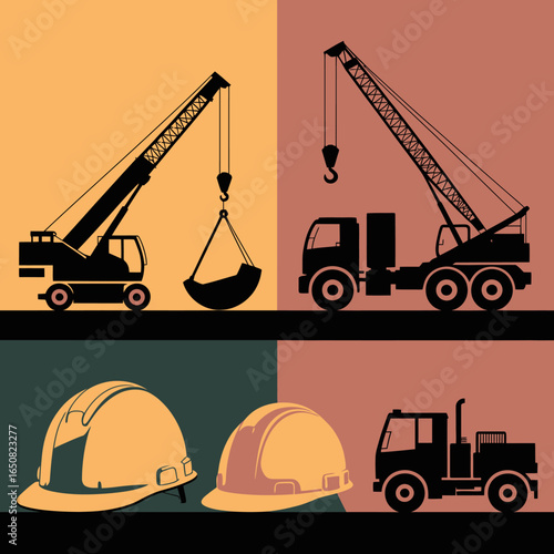 Construction Silhouette: A graphic arrangement of construction vehicles and a hard hat in a collage, demonstrating the work involved in construction and projects.
