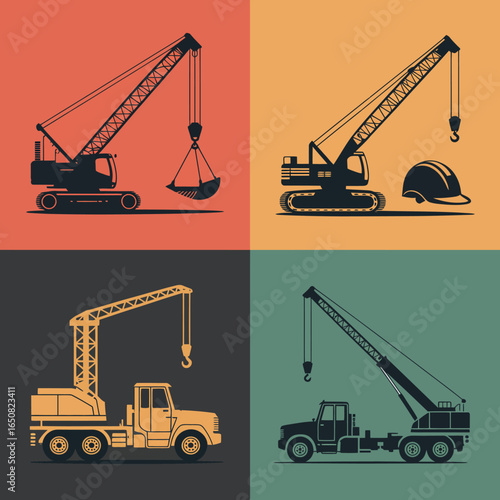 Construction Silhouette: A graphic arrangement of construction vehicles and a hard hat in a collage, demonstrating the work involved in construction and projects.