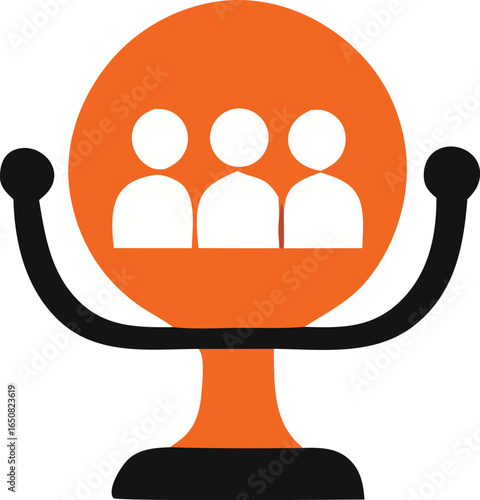 Iconic representation of a school bell with three stylized figures symbolizing a group or class attending a lesson