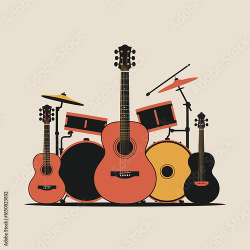 Musical Instruments: A vibrant collection of guitars and a drum kit stand side-by-side in a musical symphony, exuding an inviting energy.