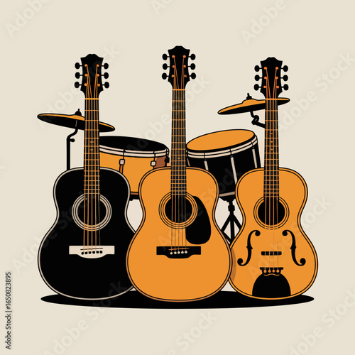 Musical Instruments: A vibrant collection of guitars and a drum kit stand side-by-side in a musical symphony, exuding an inviting energy.