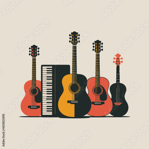 Musical Instruments: A vibrant collection of guitars and a drum kit stand side-by-side in a musical symphony, exuding an inviting energy.