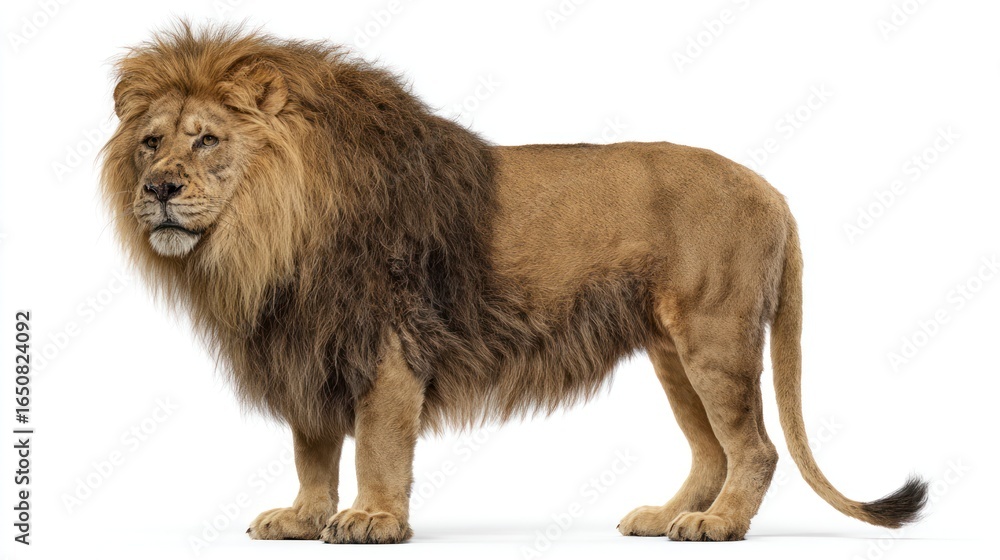 Obraz premium A majestic male lion stands against a stark white background, its thick, dark mane framing a powerful face. The image showcases the animal's impressive size and muscular build