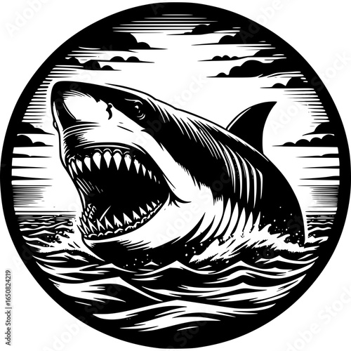 Majestic Shark in the Ocean: A bold graphic design showcasing a shark emerging from the water with an open jaw, a symbol of the power and allure of the sea