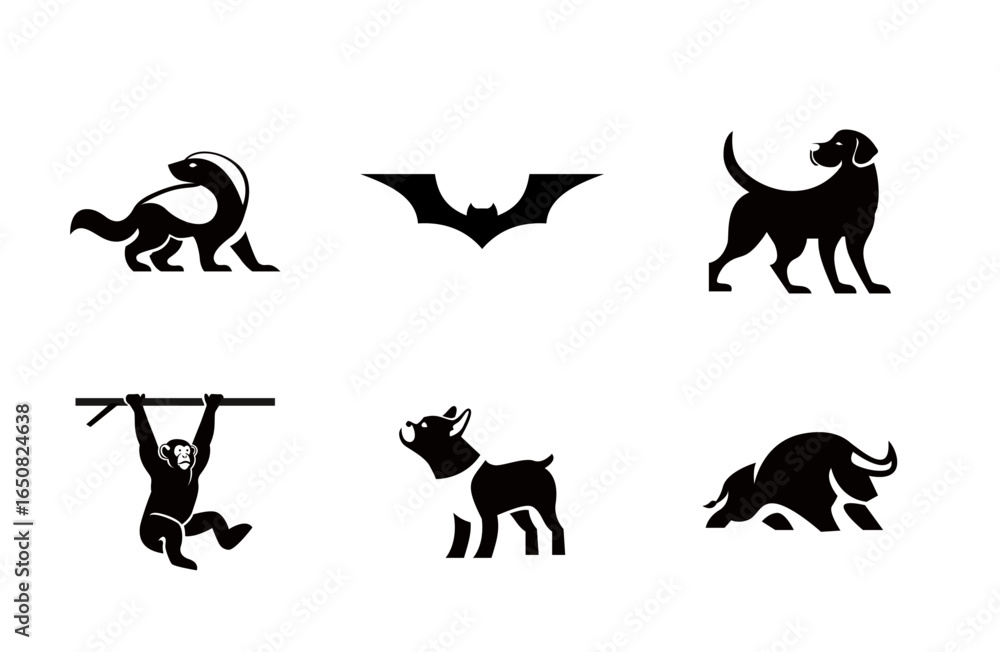 Fototapeta premium Animal Silhouettes Set: Honey Badger, Bat, Dog, Monkey, Bulldog, Bull Vector