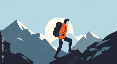Dynamic vector illustration of an adventurer ascending a majestic mountain range at sunrise, highlighting the spirit of exploration and the thrill of outdoor challenges