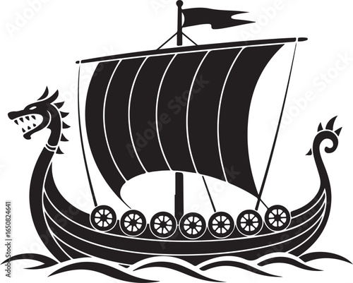Black Viking Ship Icon with sail and oars, presented in a clean flat vector style