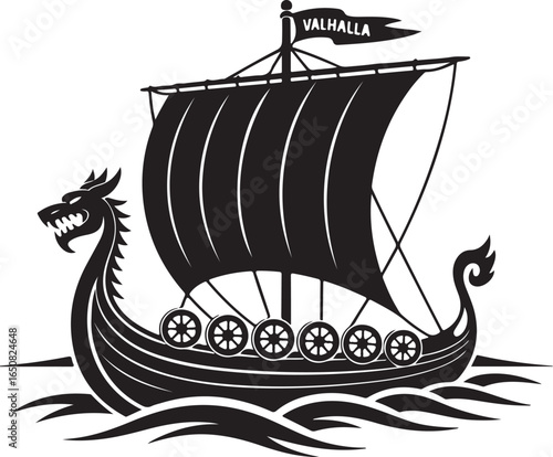 Black Viking Ship Icon with sail and oars, presented in a clean flat vector style